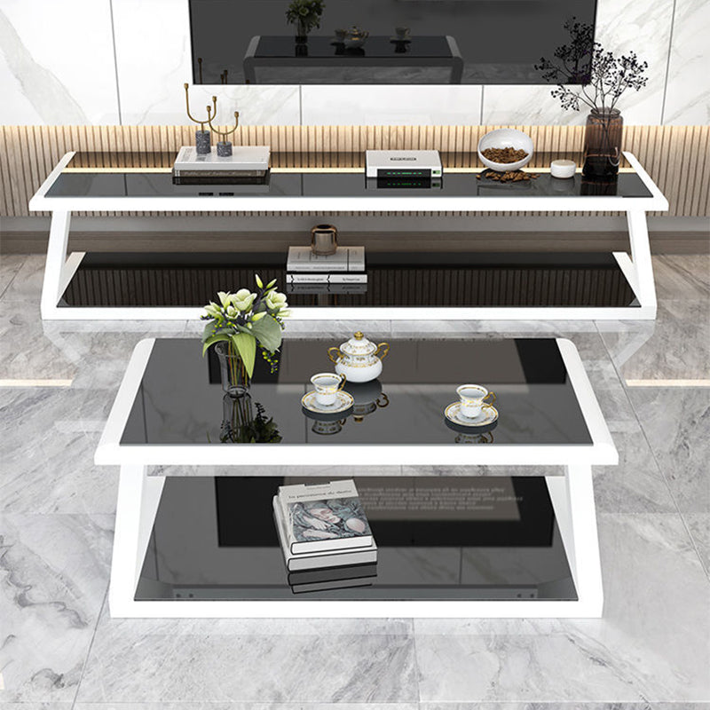 Metal Sled Coffee Table Contemporary Glass Top with Storage Shelf