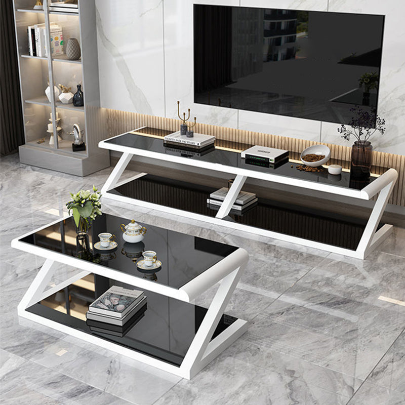 Metal Sled Coffee Table Contemporary Glass Top with Storage Shelf