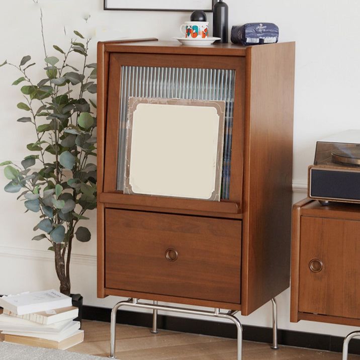 No Distressing Glass Paned Natural Solid Wood Accent Cabinet with Doors