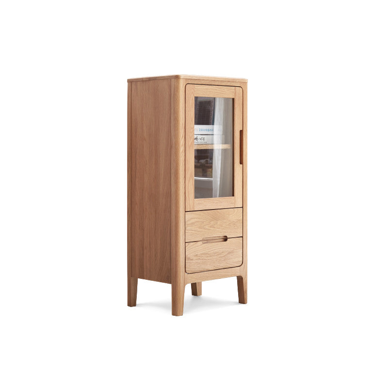 Solid Wood Glass Paned Grooves Accent Cabinet with Door and Drawer