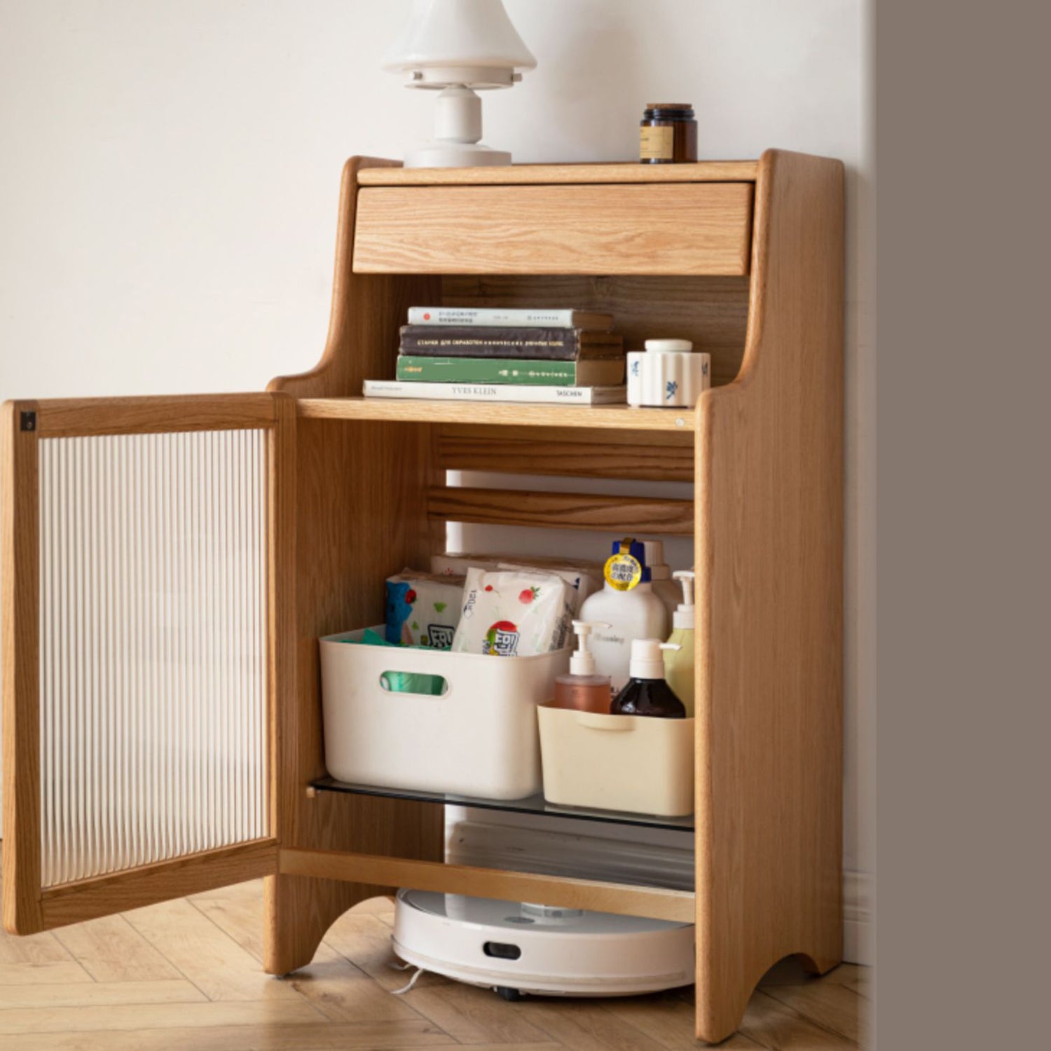 Glass Paned Living Room Contemporary Solid Wood Accent Cabinet with Drawer