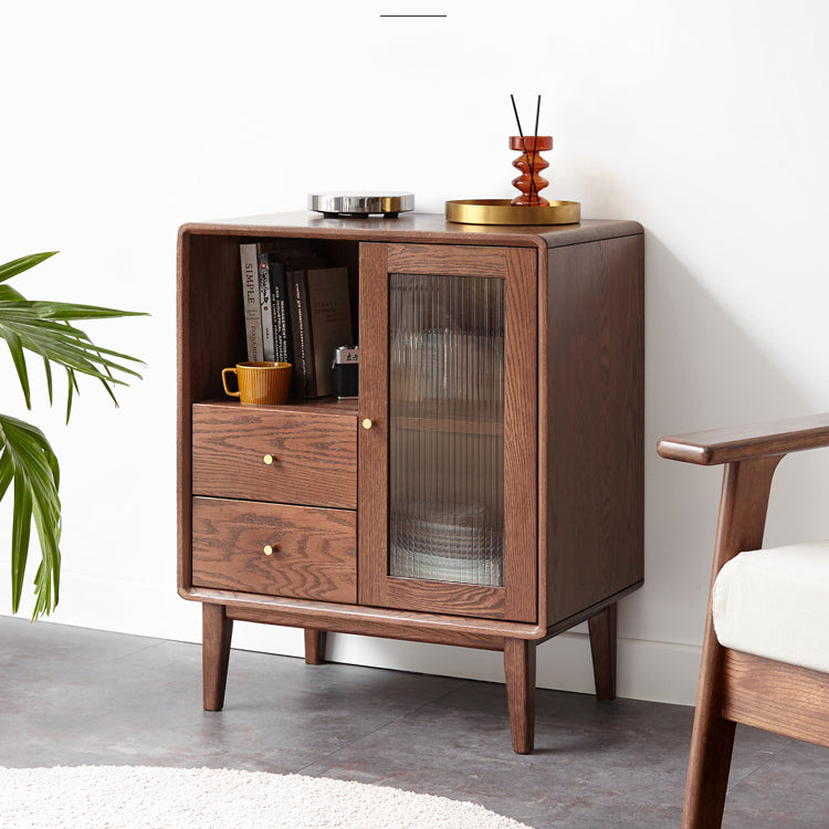 Glass Paned Living Room Solid Wood Standard Accent Cabinet with Shelves