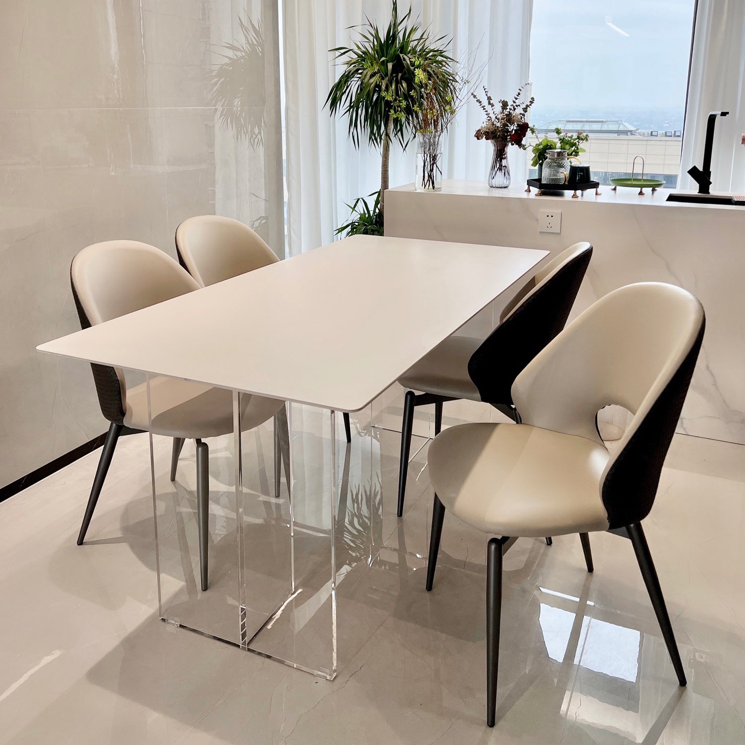 Contemporary White Rectangular Stone Dining Table with Acrylic Base