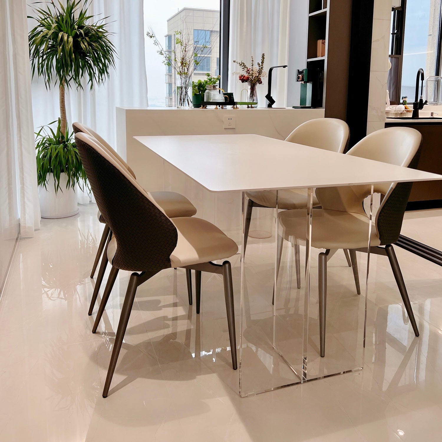 Contemporary White Rectangular Stone Dining Table with Acrylic Base