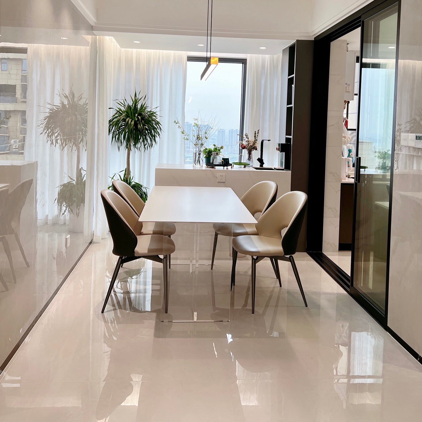 Contemporary White Rectangular Stone Dining Table with Acrylic Base