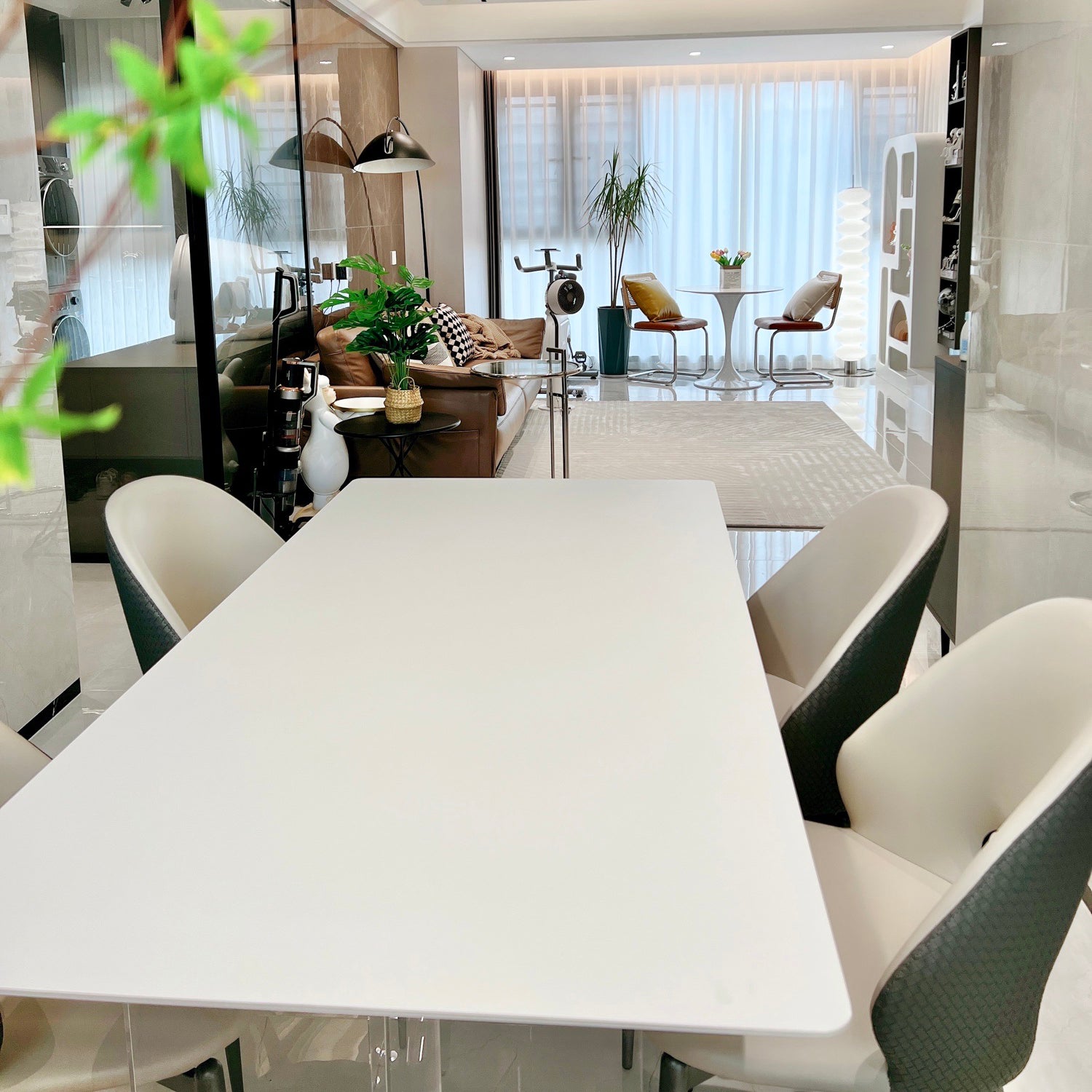 Contemporary White Rectangular Stone Dining Table with Acrylic Base