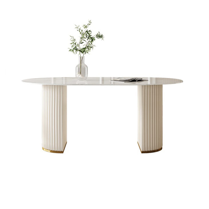 Linen White Finish Modern Oval Stone Top Dining Table with Double Pedestal Base