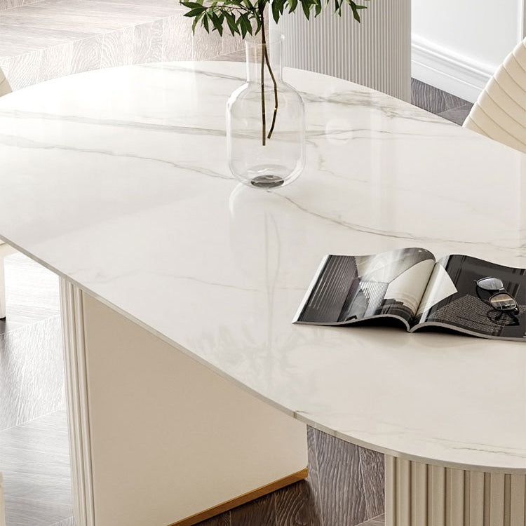 Linen White Finish Modern Oval Stone Top Dining Table with Double Pedestal Base