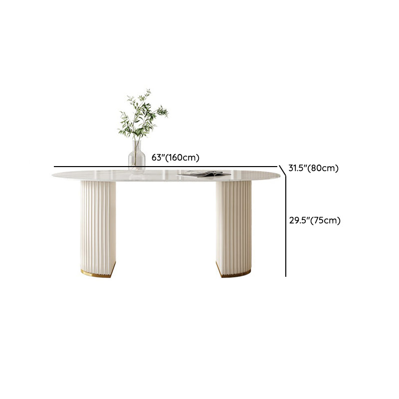 Linen White Finish Modern Oval Stone Top Dining Table with Double Pedestal Base