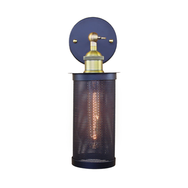 Cylindrical Mesh Metal Shade Wall Lighting Farmhouse 1 Light Corridor Wall Sconce Lamp in Black/Brass