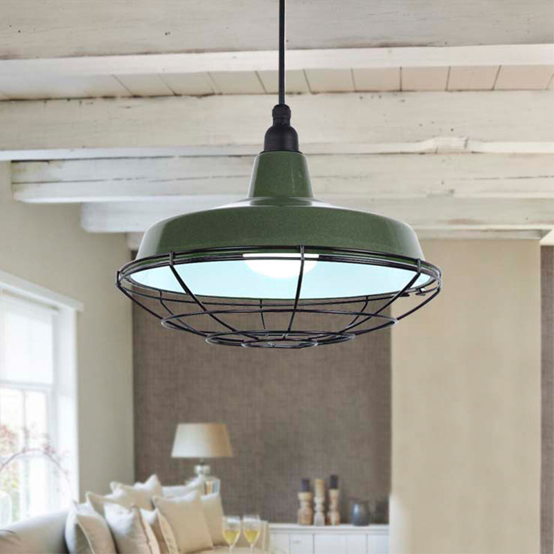 Barn Indoor Hanging Ceiling Light with Wire Guard Farmhouse Metal 1 Light Green/Red Pendant Light
