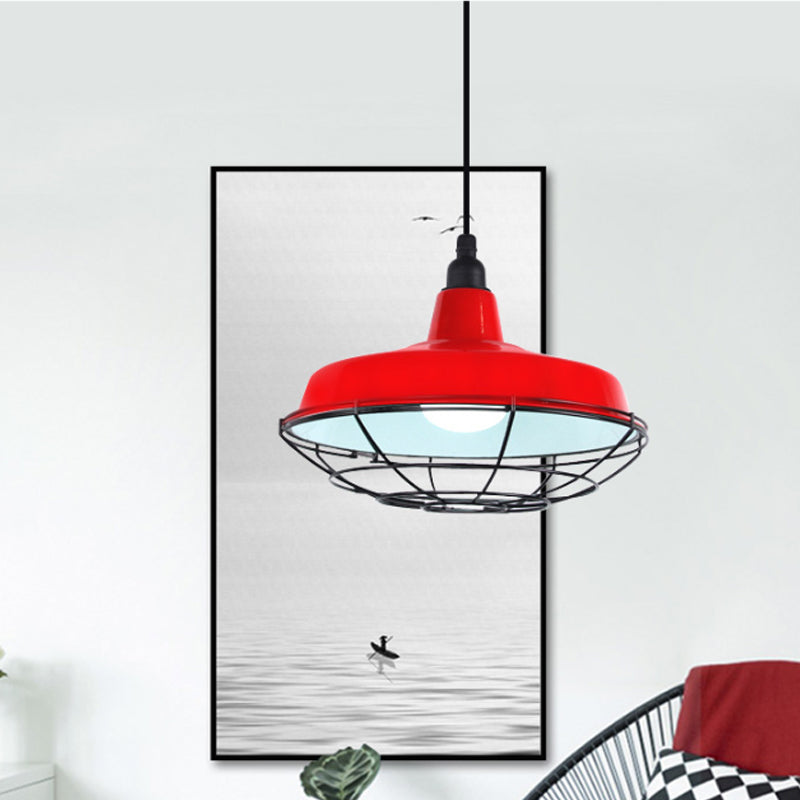 Barn Indoor Hanging Ceiling Light with Wire Guard Farmhouse Metal 1 Light Green/Red Pendant Light