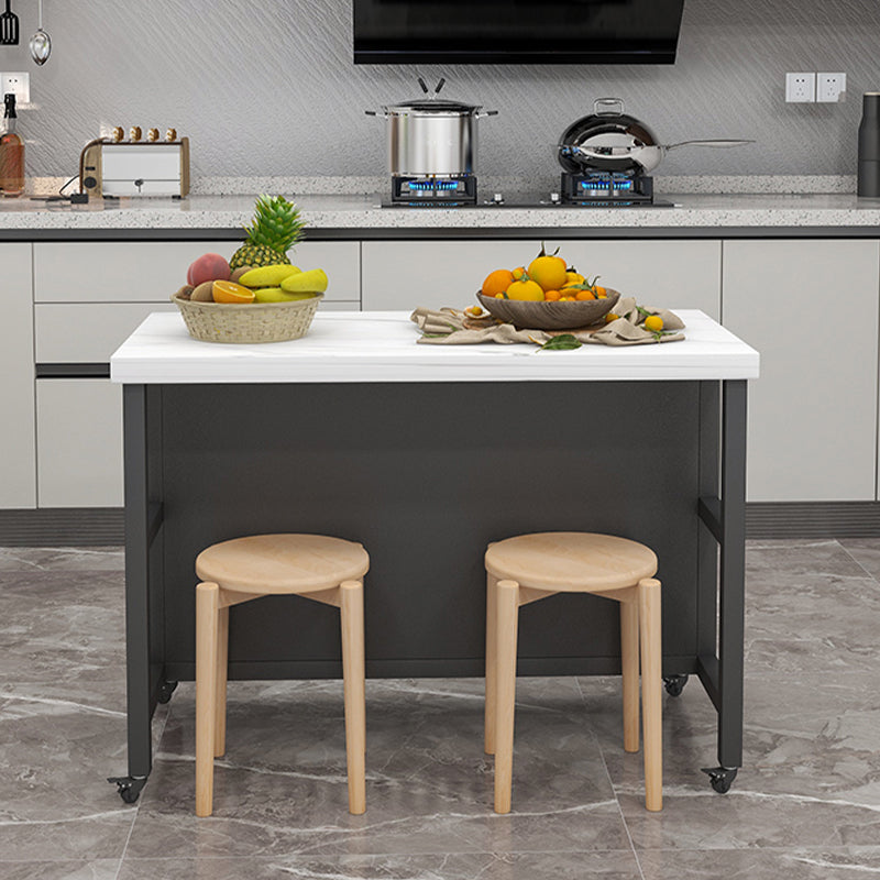 White Faux Marble Rectangle Kitchen Island Cart with Open Storage