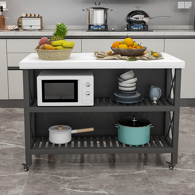 White Faux Marble Rectangle Kitchen Island Cart with Open Storage