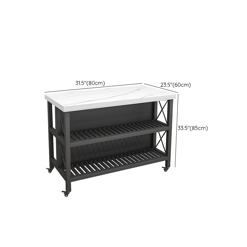 White Faux Marble Rectangle Kitchen Island Cart with Open Storage