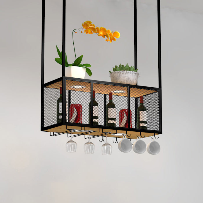 Black Metal Hanging Wine Holder with Glass Holder & Storage Shelf