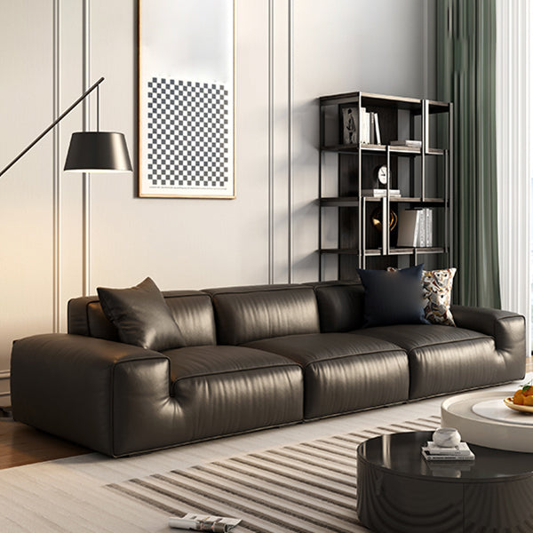 Contemporary Stain Resistant Genuine Leather Square Arm Sofa in Black
