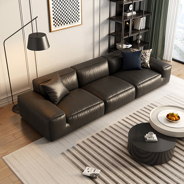 Contemporary Stain Resistant Genuine Leather Square Arm Sofa in Black