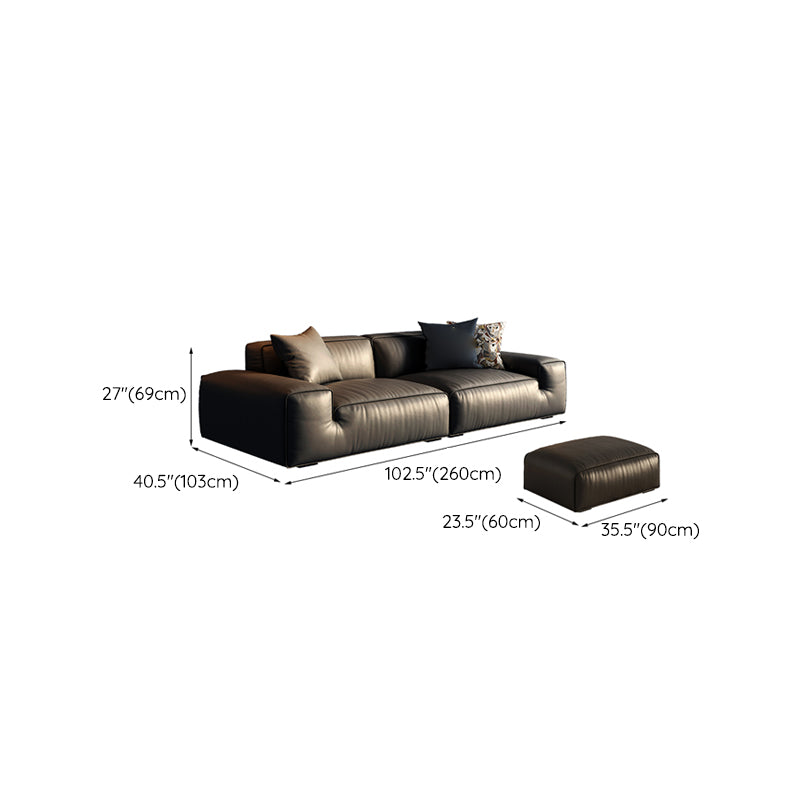 Contemporary Stain Resistant Genuine Leather Square Arm Sofa in Black