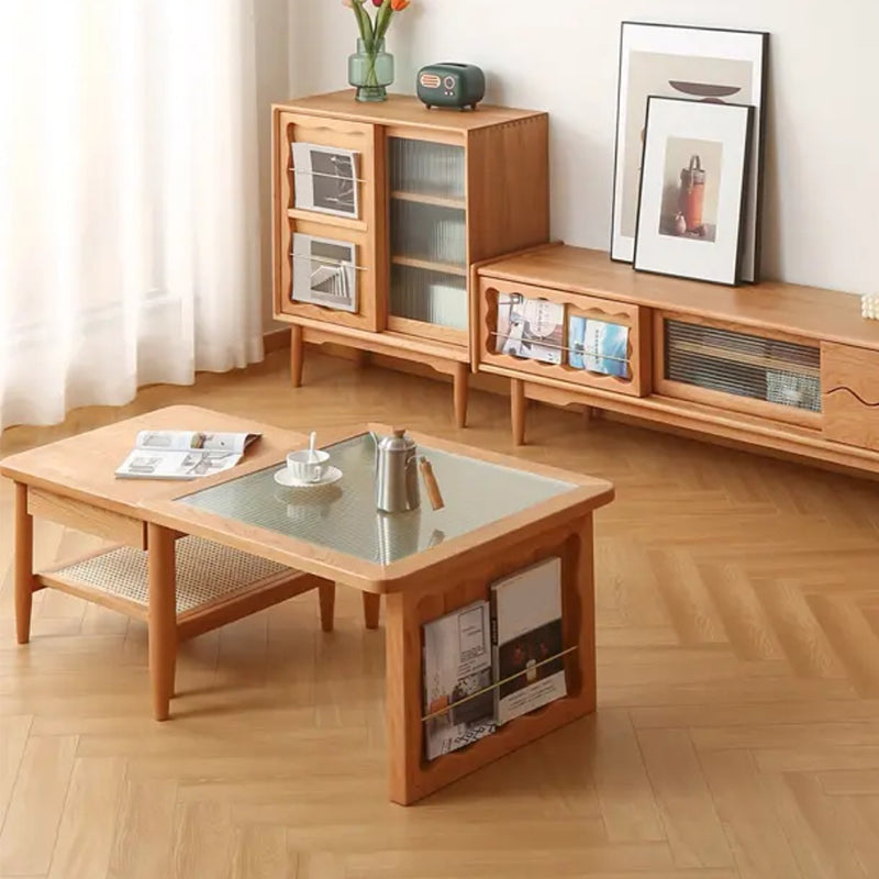 Scandinavian Rectangle Coffee Table in Natural Solid Wood with Storage