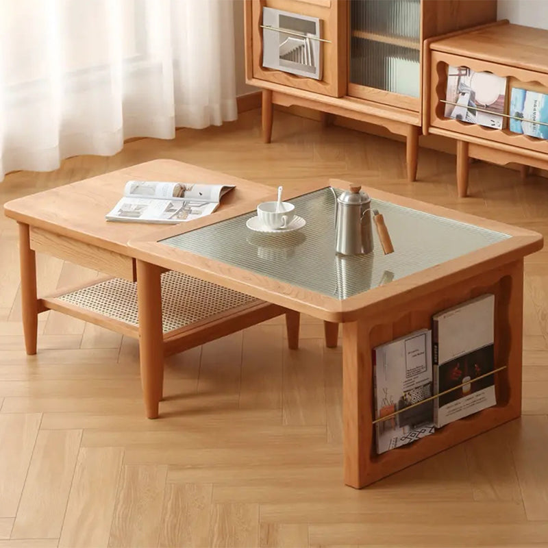 Scandinavian Rectangle Coffee Table in Natural Solid Wood with Storage