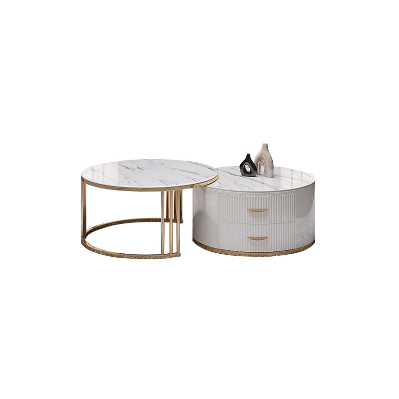 White Marble Top Coffee Table with Metal Block  Base and Stogage
