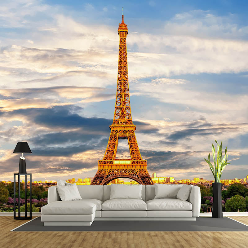 Tower Construction Illustration Pattern Mildew Wall Mural for Living Room