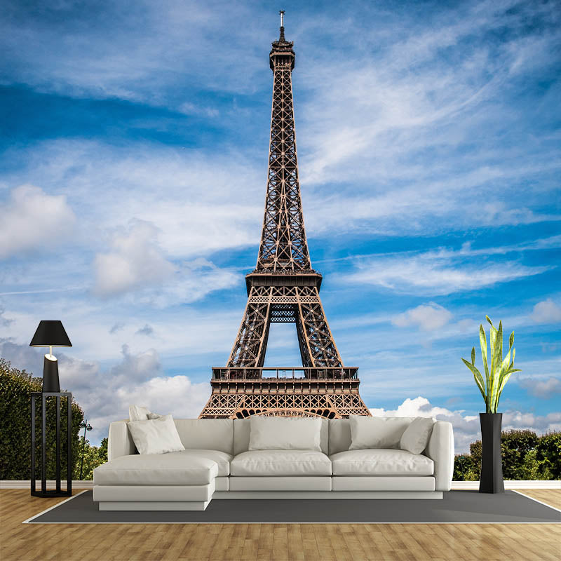 Tower Construction Illustration Pattern Mildew Wall Mural for Living Room