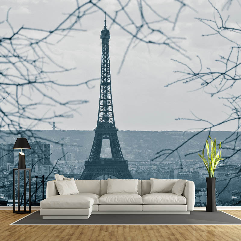 Tower Construction Illustration Pattern Mildew Wall Mural for Living Room