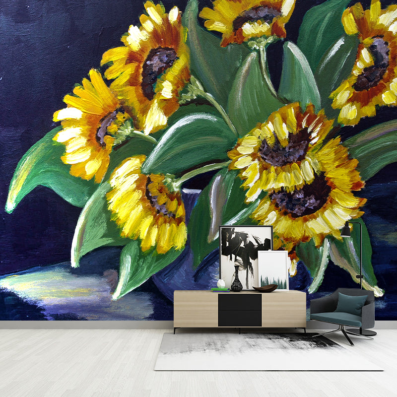 Sunflower Illustration Pattern Mildew Wall Mural Horizontalt for Living Room