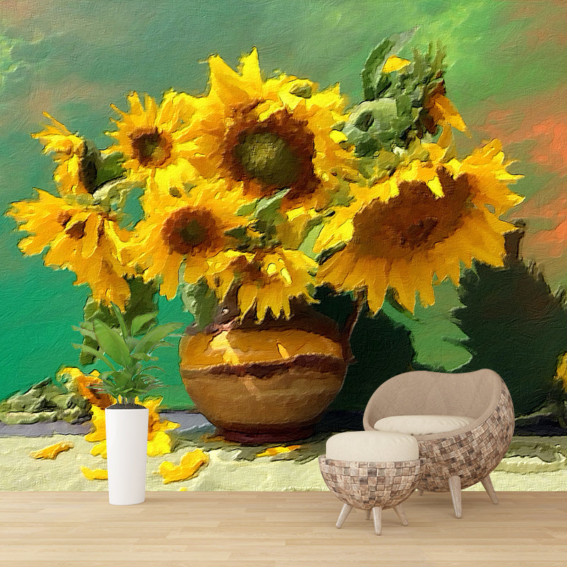 Sunflower Illustration Pattern Mildew Wall Mural Horizontalt for Living Room