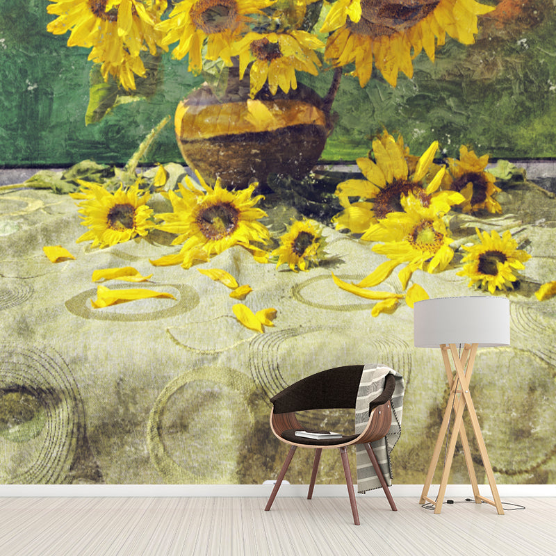 Sunflower Illustration Pattern Mildew Wall Mural Horizontalt for Living Room