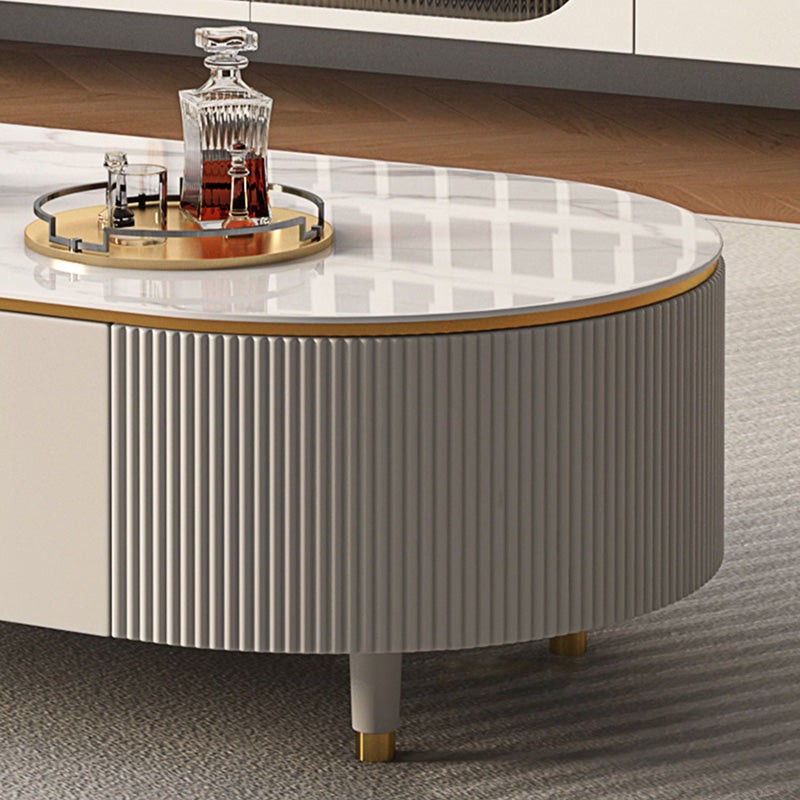 Glam Stone Oval Single White 4 Legs Coffee Table with Drawers