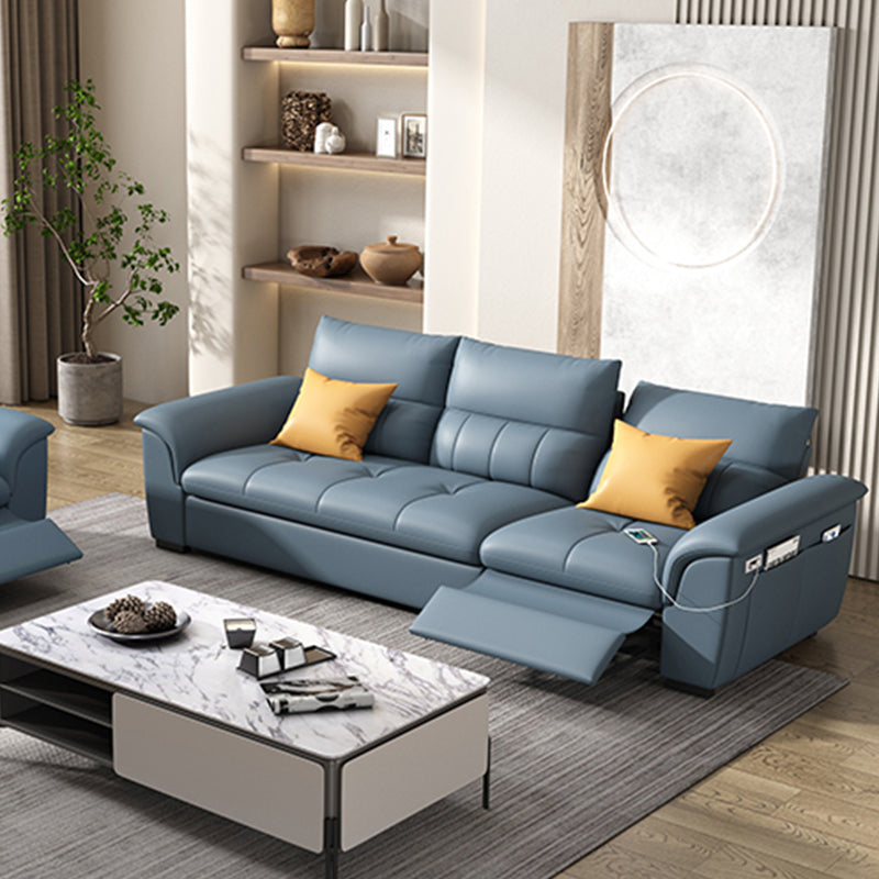 Stainless Steel Blue Genuine Leather Living Room Flared Arm Sofa