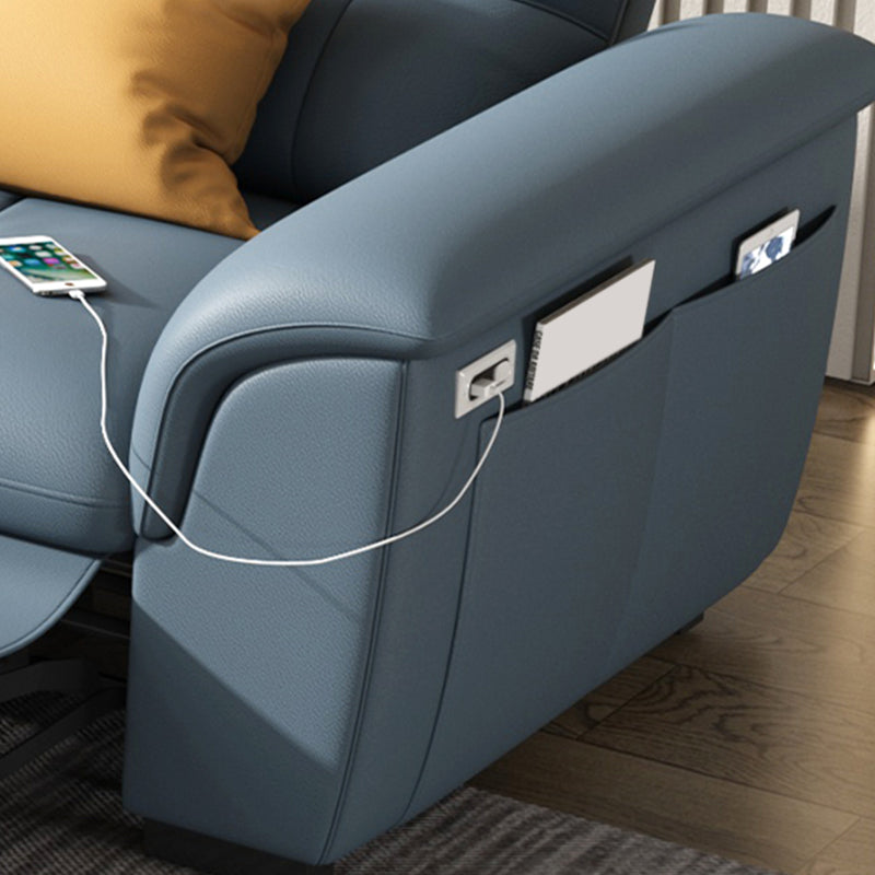 Stainless Steel Blue Genuine Leather Living Room Flared Arm Sofa