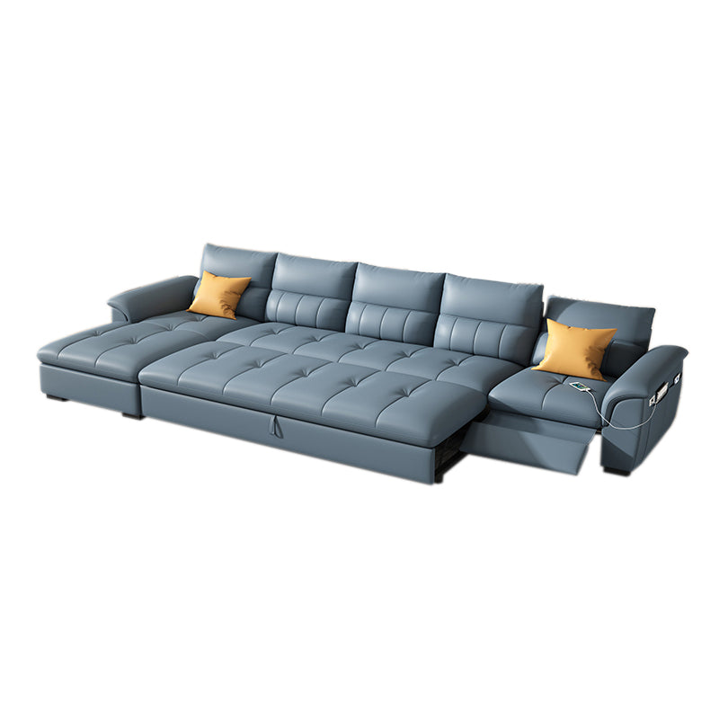 Stainless Steel Blue Genuine Leather Living Room Flared Arm Sofa