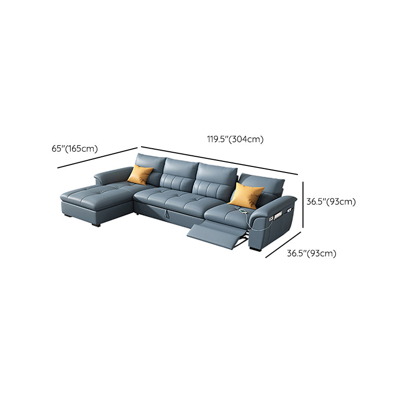 Stainless Steel Blue Genuine Leather Living Room Flared Arm Sofa