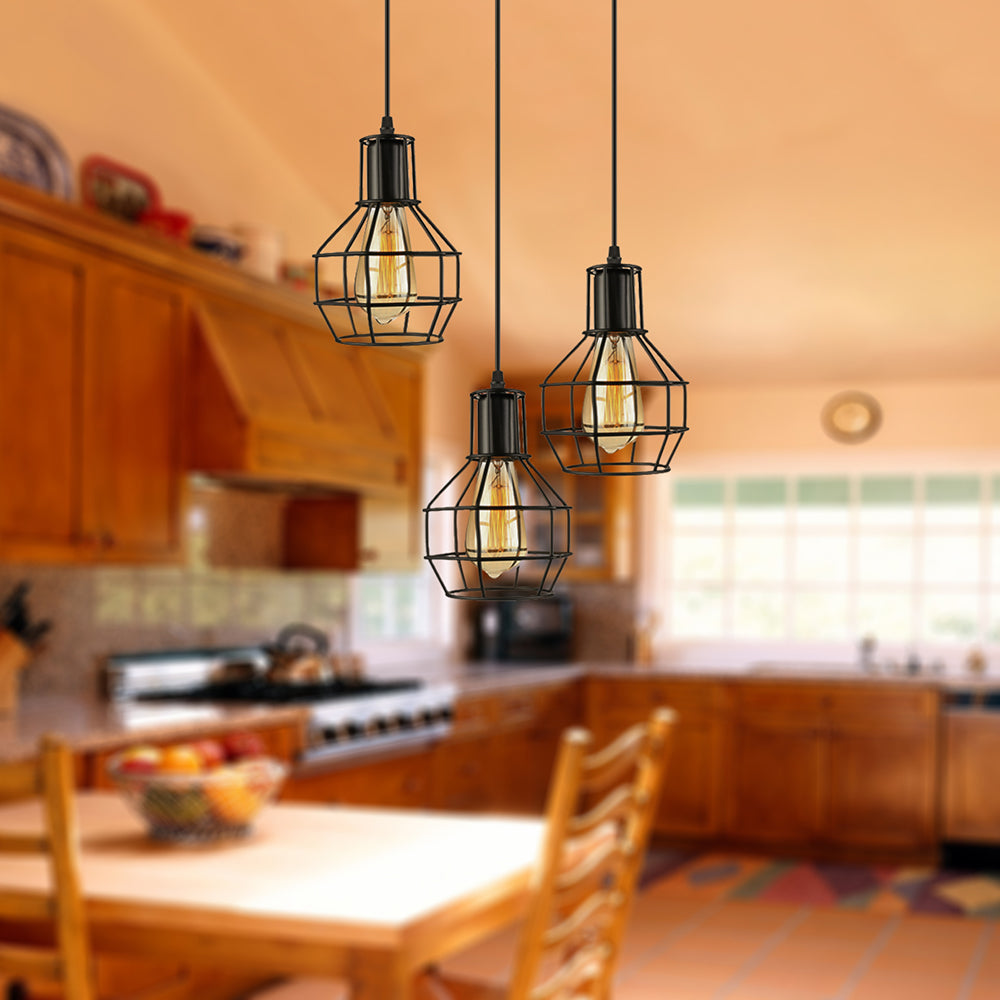 3/7 Heads Hanging Lamp Vintage Global Cage Shade Metallic Pendant Lighting with Round Canopy in Black