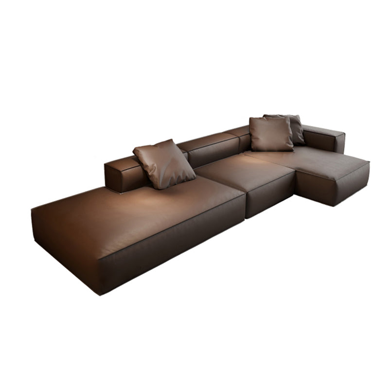 Modern Sectional Set, Genuine Leather Square Arm Sectional sofa, Brown