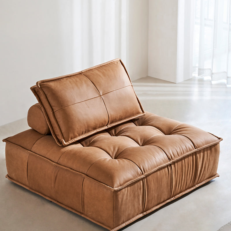 Tufted Leather Sectionals in Brown Mid-Century Modern Blocks Sofa with Pillows