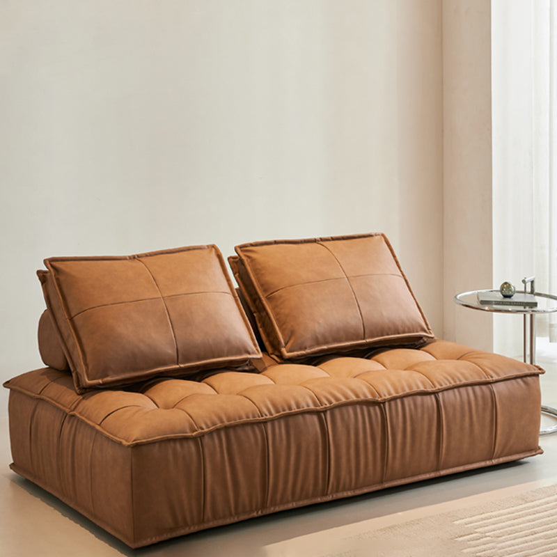 Tufted Leather Sectionals in Brown Mid-Century Modern Blocks Sofa with Pillows