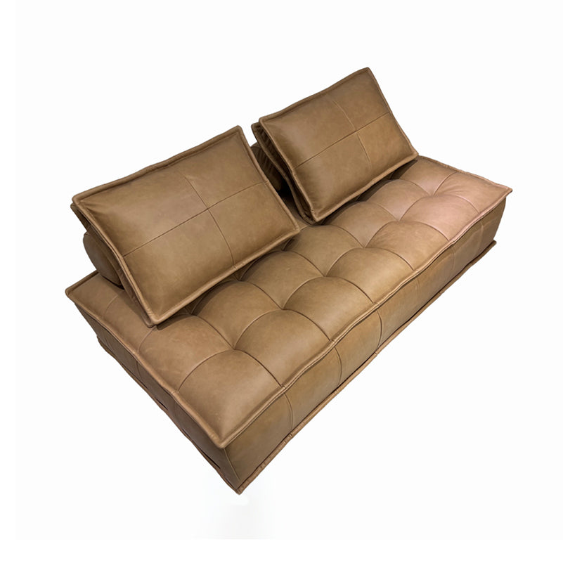 Tufted Leather Sectionals in Brown Mid-Century Modern Blocks Sofa with Pillows