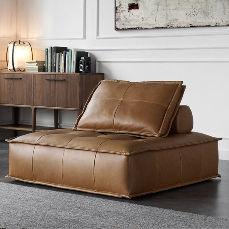 Tufted Leather Sectionals in Brown Mid-Century Modern Blocks Sofa with Pillows