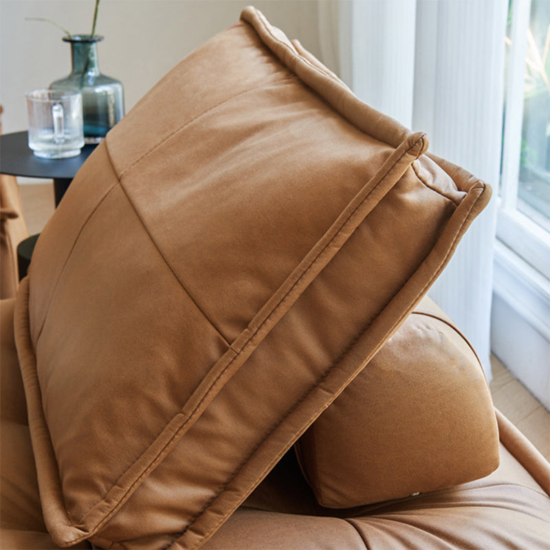 Tufted Leather Sectionals in Brown Mid-Century Modern Blocks Sofa with Pillows