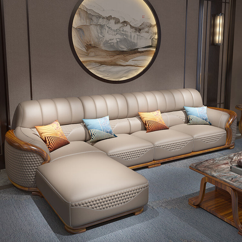 Solid Wood L-Shape Sectional Sofa Genuine Leather 3/4-Seat Sofa with Chaise