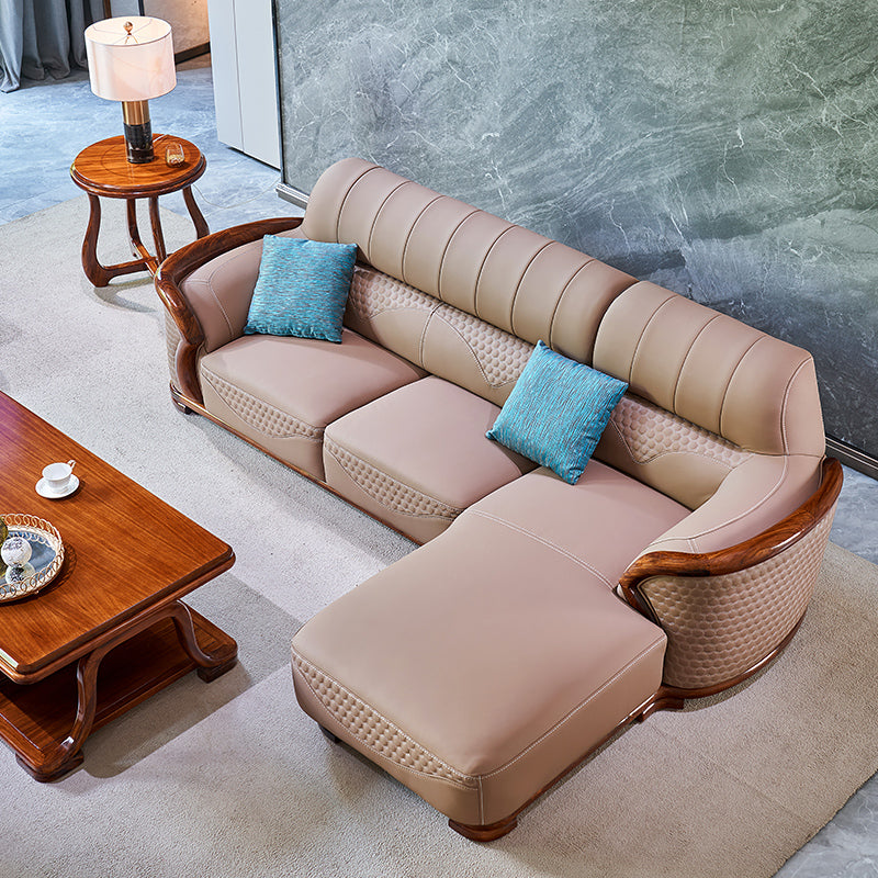 Solid Wood L-Shape Sectional Sofa Genuine Leather 3/4-Seat Sofa with Chaise