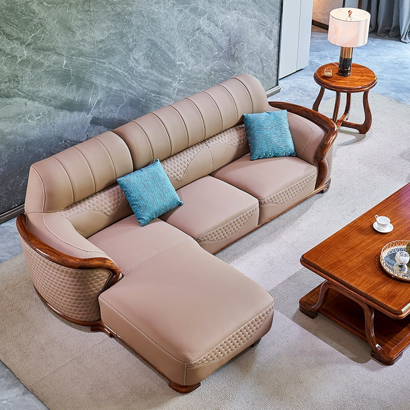 Solid Wood L-Shape Sectional Sofa Genuine Leather 3/4-Seat Sofa with Chaise