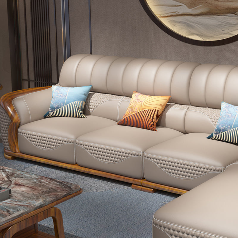 Solid Wood L-Shape Sectional Sofa Genuine Leather 3/4-Seat Sofa with Chaise