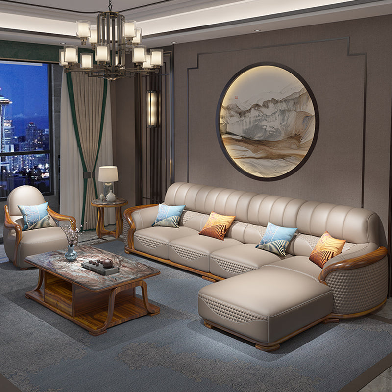 Solid Wood L-Shape Sectional Sofa Genuine Leather 3/4-Seat Sofa with Chaise