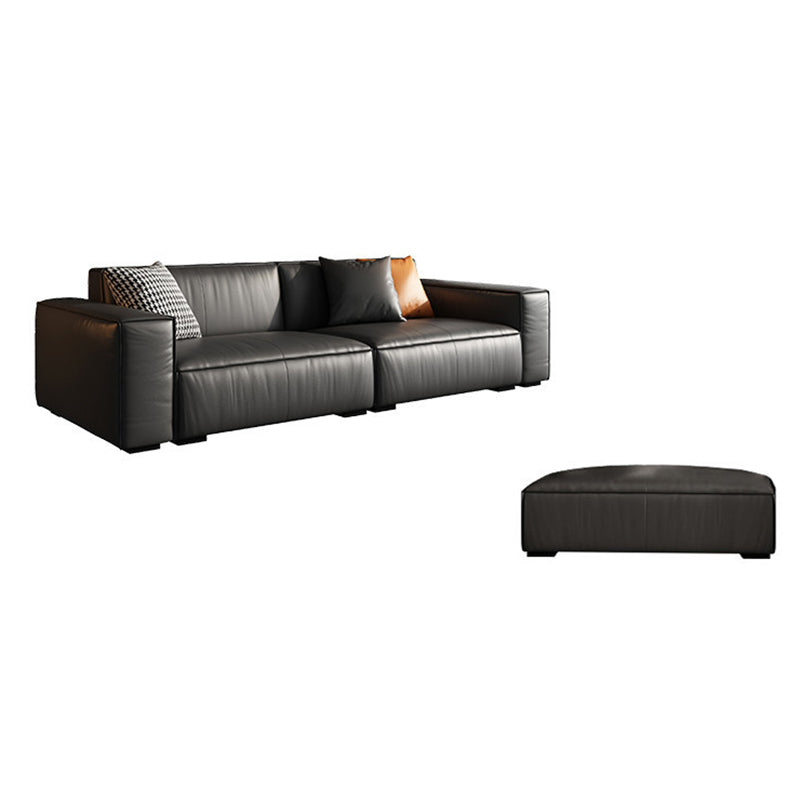 Modern Square Arm Sectional, Genuine Leather Sectional Couch in Black